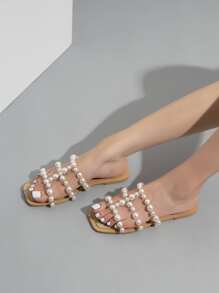 Faux Pearl Decor Clear Strap Slide Sandals - Green - View 4