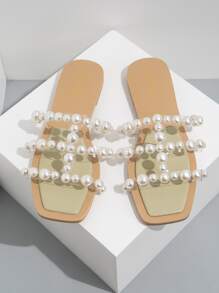 Faux Pearl Decor Clear Strap Slide Sandals - Green - View 6