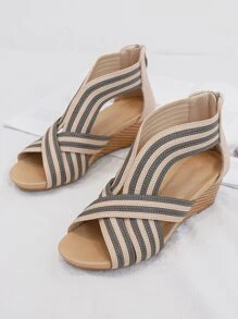條紋圖案後拉鏈坡跟涼鞋 - 彩色 - 查看 2