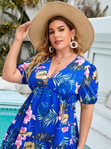 Vestido con estampado tropical de manga farol bajo con fruncido - Azul - Ver 5