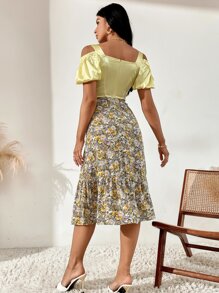 Cold Shoulder Floral Print Ruffle Hem Dress - Multicolor - View 2