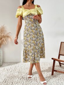 Cold Shoulder Floral Print Ruffle Hem Dress - Multicolor - View 3