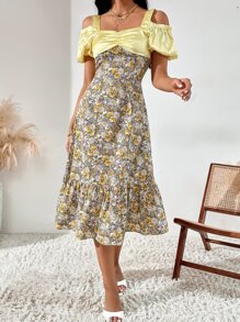 Cold Shoulder Floral Print Ruffle Hem Dress - Multicolor - View 4