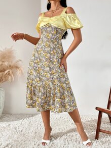 Cold Shoulder Floral Print Ruffle Hem Dress - Multicolor - View 5