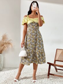 Cold Shoulder Floral Print Ruffle Hem Dress - Multicolor - View 6