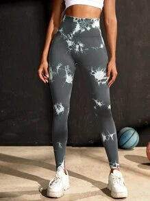 Yoga Sxy Tie Dye Workout Leggings Ribbed Panel Tummy Control Scrunch Butt Gym Tights - Dark Grey - View 3