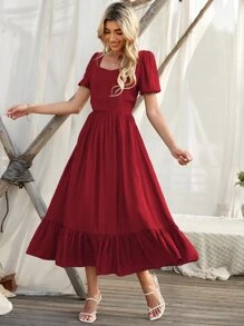 SHEIN Holidaya Vestido de manga farol con cremallera trasera bajo con fruncido - Rojo - Ver 5