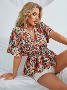 SHEIN Holidaya Surplice Neck Allover Floral Print Peplum Top - Multicolor - View 3