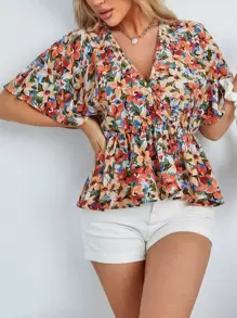 SHEIN Holidaya Surplice Neck Allover Floral Print Peplum Top - Multicolor - View 5