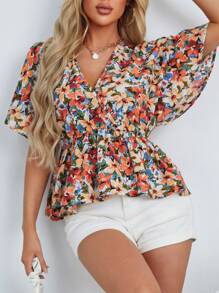 SHEIN Holidaya Surplice Neck Allover Floral Print Peplum Top - Multicolor - View 6