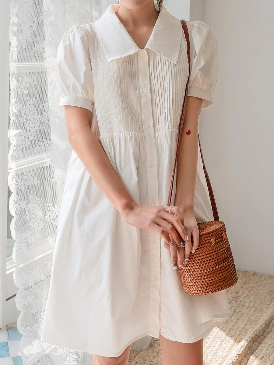 DAZY Vestido con botón delantero de manga farol - Blanco - Ver 1