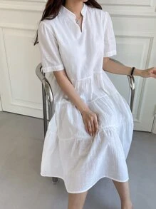 DAZY Solid Notched Neck Ruffle Hem Dress Sundress - White - View 1