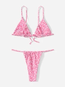 Swim SXY Summer Beach Ditsy Floral Bikini Set Tie Back Triangle Bra & Thong 2 Pieces Bikini