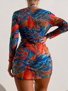 Tropical Print Bikini Set Halter Triangle Bra Top & Tie Side Bikini Bottom & Drawstring Cover Up Dress 3 Pieces Bikini Summer Beach - Blue - View 2