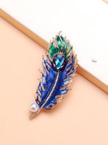 Faux Pearl & Rhinestone Decor Feather Design Brooch - Blue - View 3
