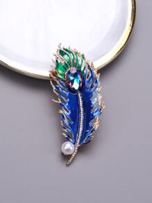 Faux Pearl & Rhinestone Decor Feather Design Brooch - Blue - View 5