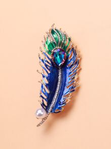 Faux Pearl & Rhinestone Decor Feather Design Brooch - Blue - View 8
