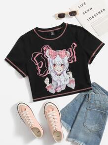 SHEIN Qutie Áo thun Plus size Con số Giải trí - màu đen - Xem 1