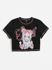 SHEIN Qutie Áo thun Plus size Con số Giải trí - màu đen - Xem 3