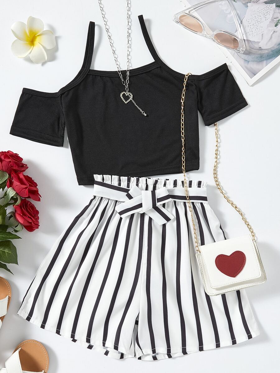 SHEIN Tween Girl Cold Shoulder Tee With Striped Belted Shorts - Black and White - View 1