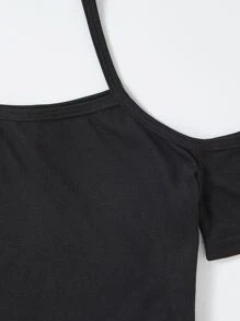 SHEIN Tween Girl Cold Shoulder Tee With Striped Belted Shorts - Black and White - View 3