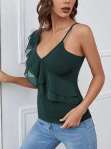 SHEIN Privé Layered Ruffle Trim Top - Dark Green - View 5