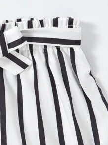 SHEIN Tween Girl Cold Shoulder Tee With Striped Belted Shorts - Black and White - View 4