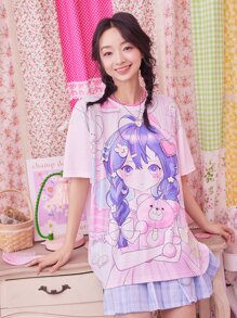 ROMWE Anime Figure & Cartoon Graphic Oversized Tee, School - Baby Pink - View 1
