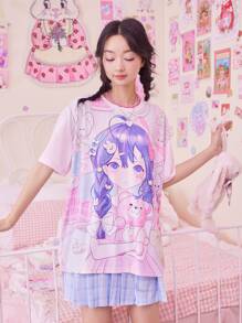 ROMWE Anime Figure & Cartoon Graphic Oversized Tee, School - Baby Pink - View 2