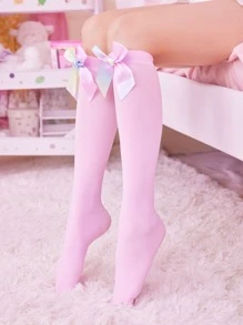 ROMWE Kawaii Bow Decor Over The Knee Socks - Pink - View 2