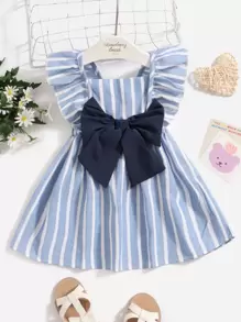 Vestido de bebé niña con mangas con volantes, lazo frontal y rayado vertical - Celeste - Ver 1