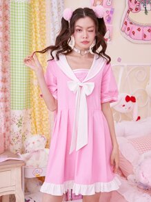ROMWE Kawaii Sailor Collar Fold Pleated Ruffle Hem Dress - Pink - View 2