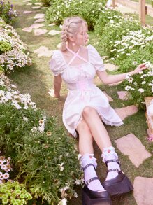 ROMWE Kawaii Lace Up Contrast Lace Puff Sleeve Dress - White - View 2