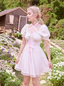 ROMWE Kawaii Lace Up Contrast Lace Puff Sleeve Dress - White - View 1