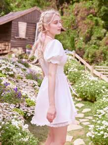 ROMWE Kawaii Lace Up Contrast Lace Puff Sleeve Dress - White - View 4