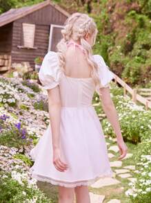 ROMWE Kawaii Lace Up Contrast Lace Puff Sleeve Dress - White - View 5