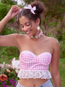 ROMWE Kawaii Contrast Lace Gingham Crop Tube Top - Pink - View 1