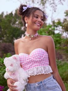 ROMWE Kawaii Contrast Lace Gingham Crop Tube Top - Pink - View 2