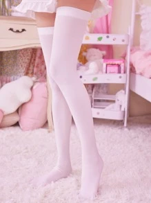 ROMWE Kawaii Floral Print Over The Knee Socks - White - View 1