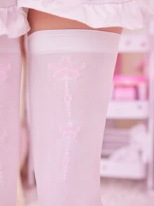 ROMWE Kawaii Floral Print Over The Knee Socks - White - View 2