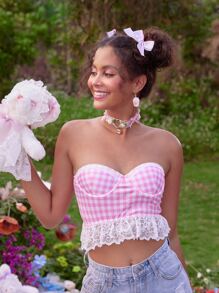 ROMWE Kawaii Contrast Lace Gingham Crop Tube Top - Pink - View 4
