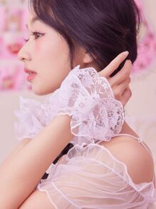 ROMWE Kawaii Guantes con encaje floral ribete con fruncido - Blanco - Ver 1