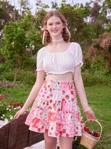 ROMWE Kawaii Strawberry Patchwork Frill Shirred Skirt - Multicolor - View 2