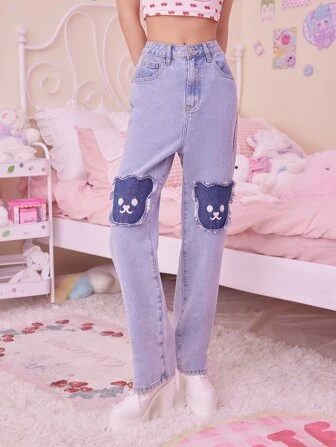 Kawaii Jean à applique ours