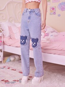 ROMWE Kawaii Bear Patched Jeans