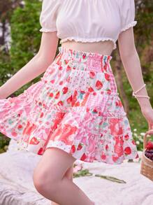 ROMWE Kawaii Strawberry Patchwork Frill Shirred Skirt - Multicolor - View 3
