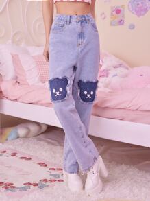 ROMWE Kawaii Bear Patched Jeans