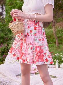 ROMWE Kawaii Strawberry Patchwork Frill Shirred Skirt - Multicolor - View 4