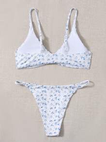 SHEIN Swim Summer Beach Floral Ring Linked Bikini - Blue and White - View 2