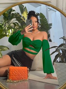 SHEIN SXY Off Shoulder Twist Front Cut Out Crop Top - Dark Green - View 1